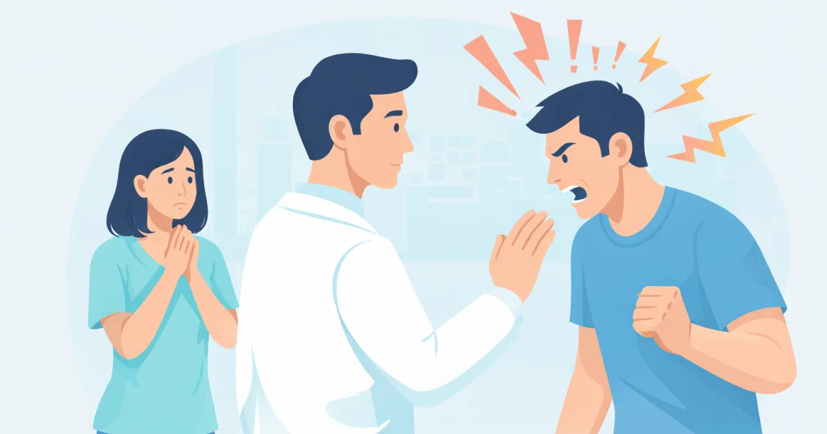 Profesional de salud mental calmando a una persona con conducta agresiva
