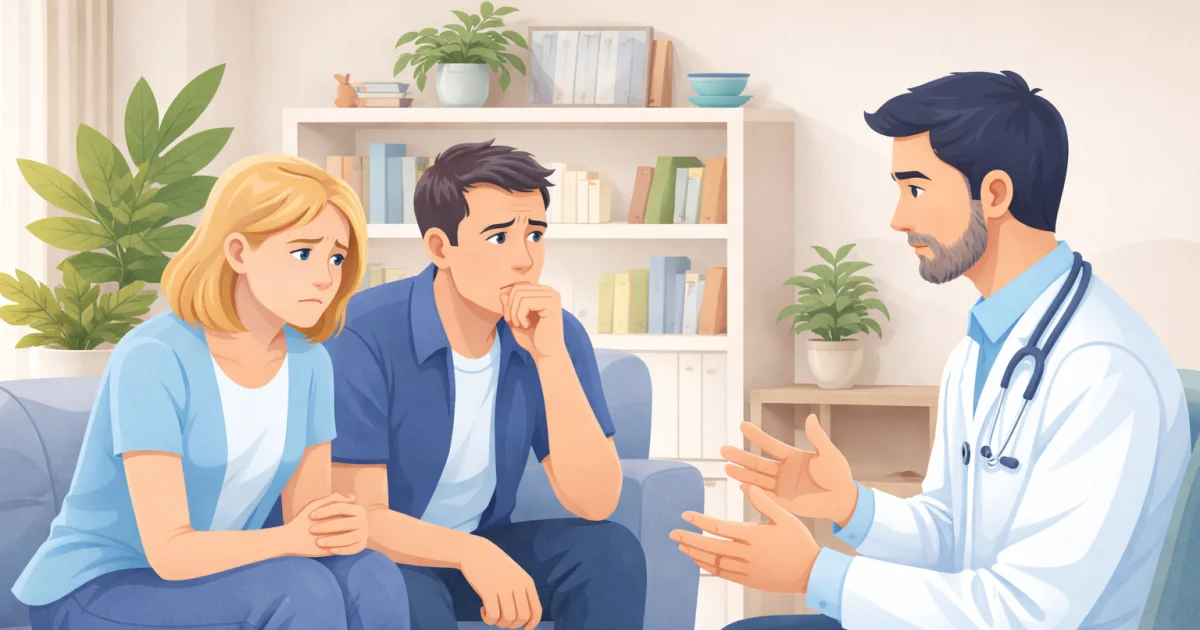 Padres preocupados consultando con un profesional de salud mental
