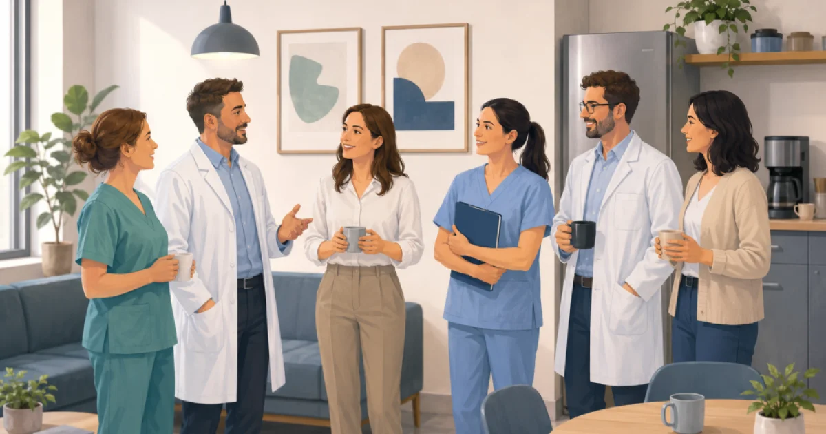 Equipo multidisciplinar de salud mental conversando en una sala de descanso