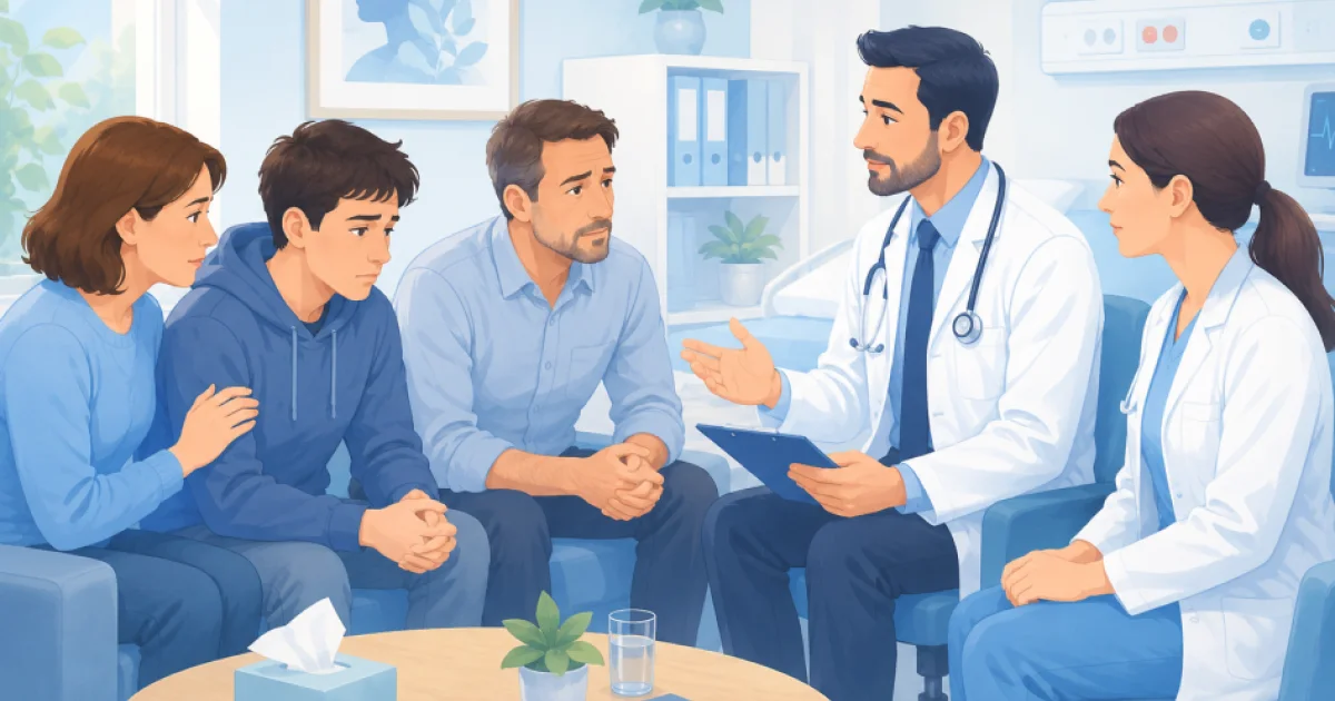 familia preocupada recibe orientación de dos médicos sobre un posible ingreso en salud mental