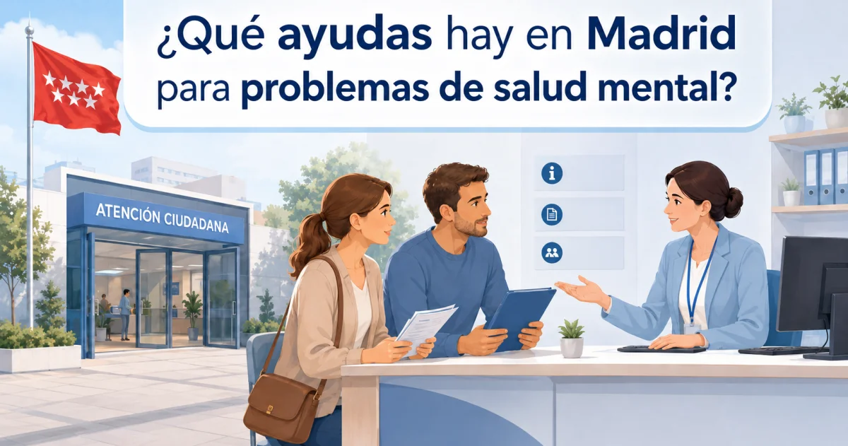 Personas recibiendo orientación en un punto de atención ciudadana sobre ayudas para problemas de salud mental en Madrid