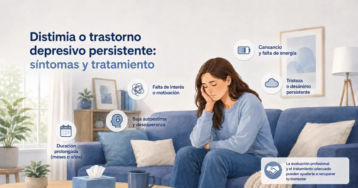 mujer con síntomas de distimia, como cansancio, tristeza persistente, falta de motivación y baja autoestima